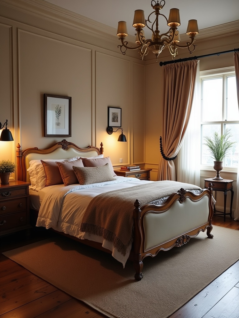 A full Grand Millennial bedroom featuring traditional and modern elements, antiques, and cozy textures.