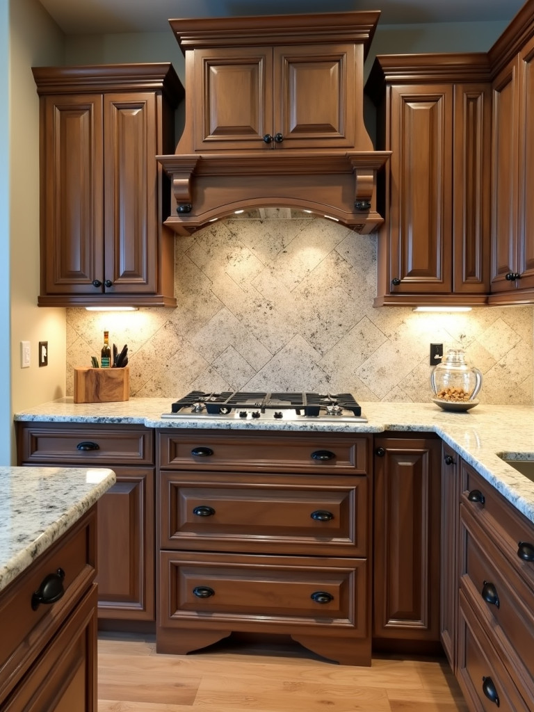 A traditional kitchen featuring a full granite slab backsplash, with soft lighting and an elegant design