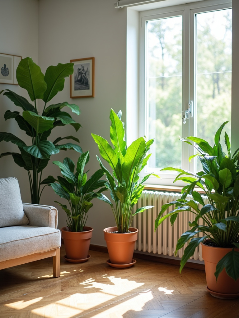 Living room with greenery with indoor plants of various sizes, natural lighting from window, level shot.