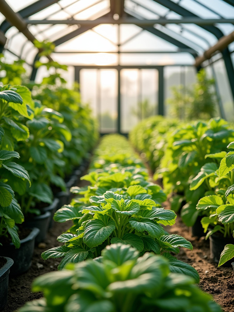 A greenhouse photo showing a variety of plants thriving under the controlled environment.