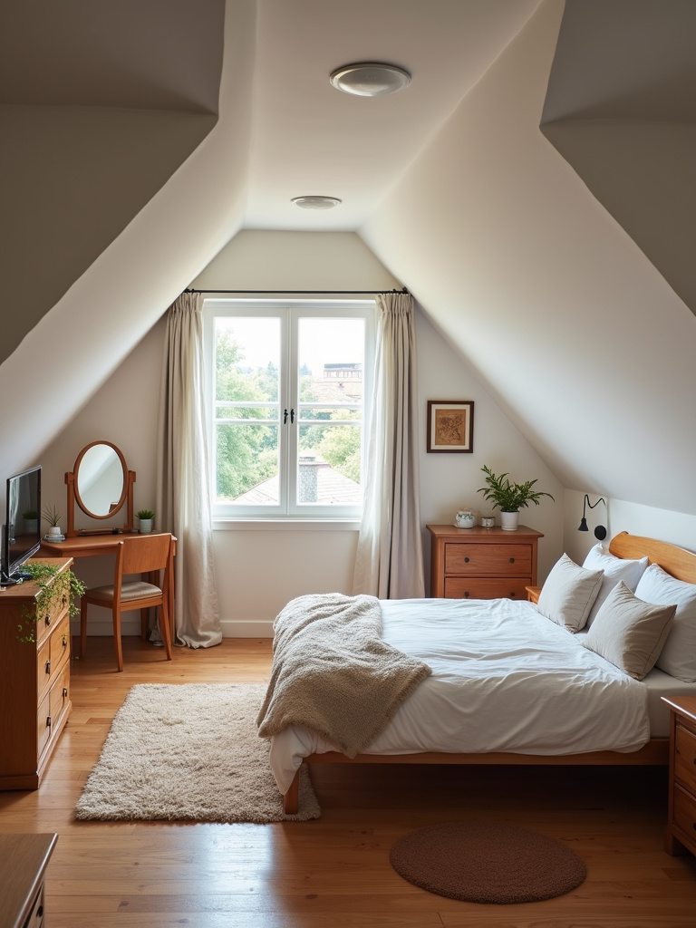 A welcoming attic guest suite with a comfortable bed and thoughtful amenities.