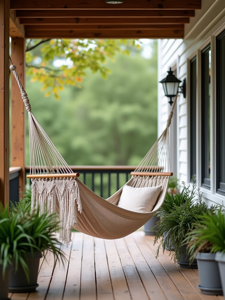 A comfortable hammock hanging on a back porch in soft natural daylight.