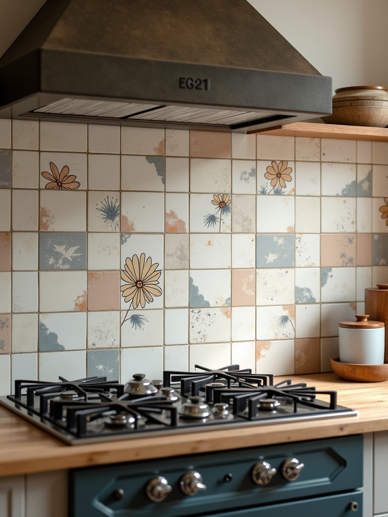 A rustic kitchen featuring hand-painted tile backsplash with simple design