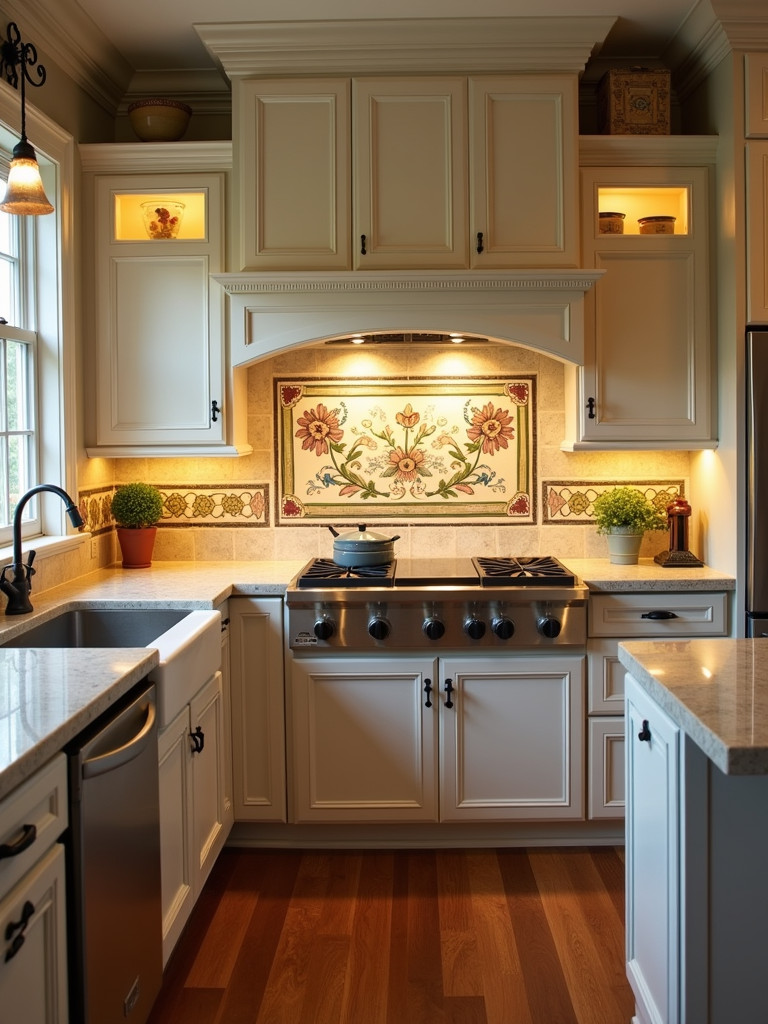 A traditional kitchen with a custom hand-painted tile backsplash, featuring personalized colors and patterns, and custom painted cabinets.