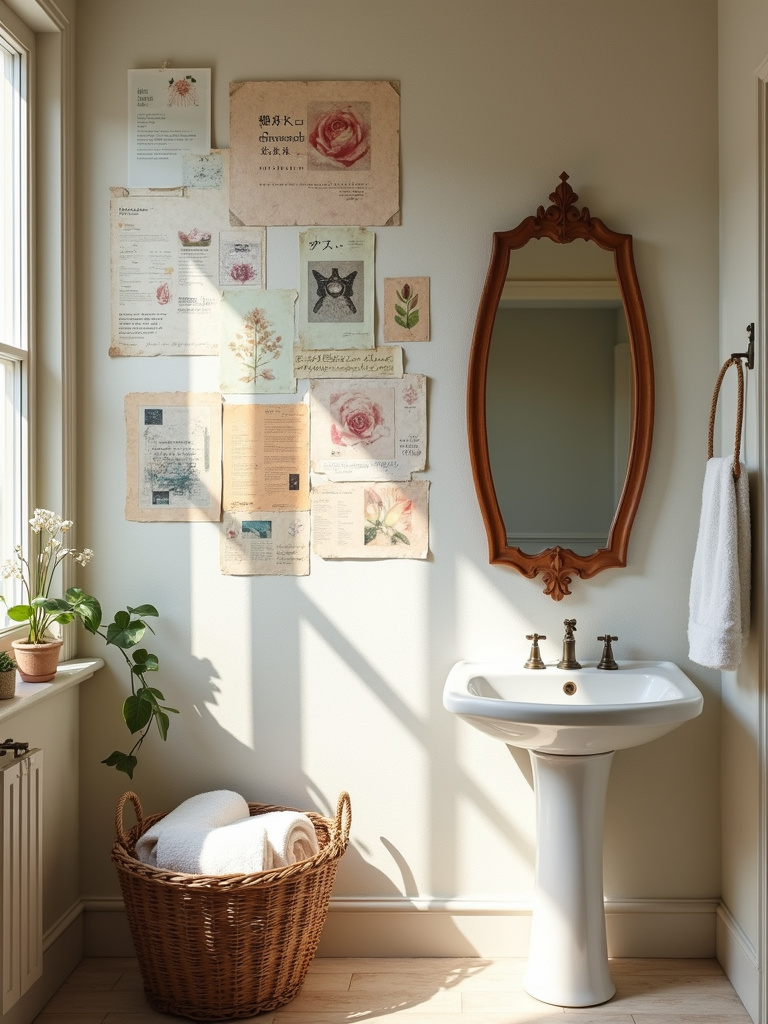 Handmade paper collages arranged on the wall in an eclectic bathroom.
