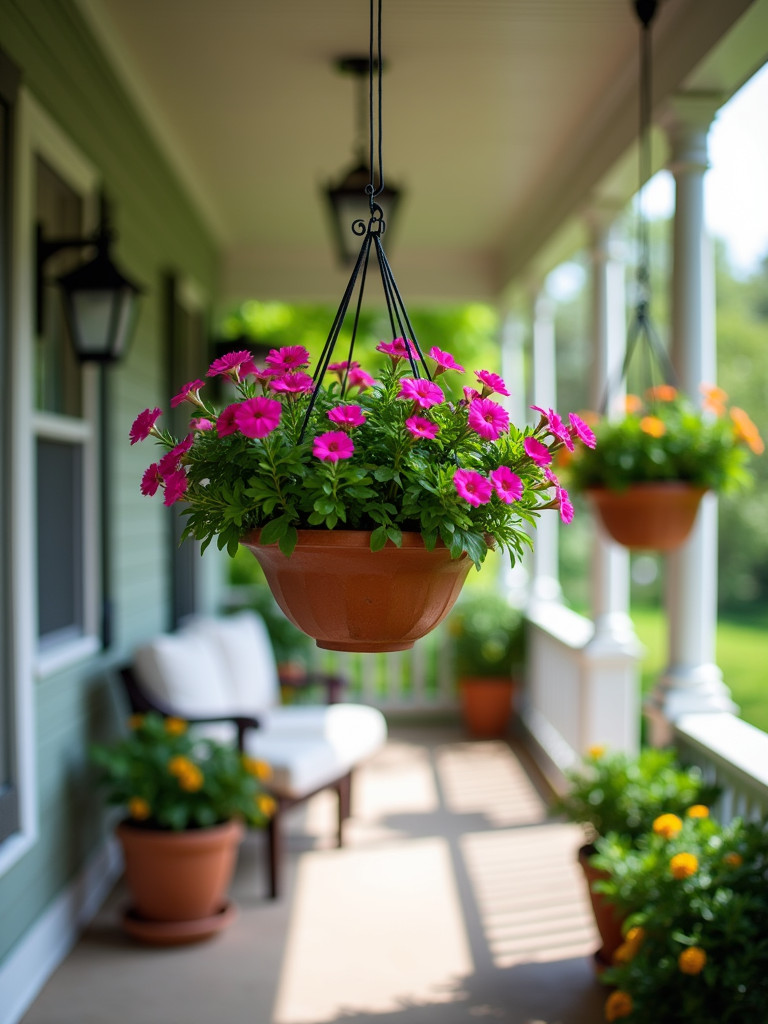 Hanging baskets filled with colorful flowers on a back porch in natural daylight.
