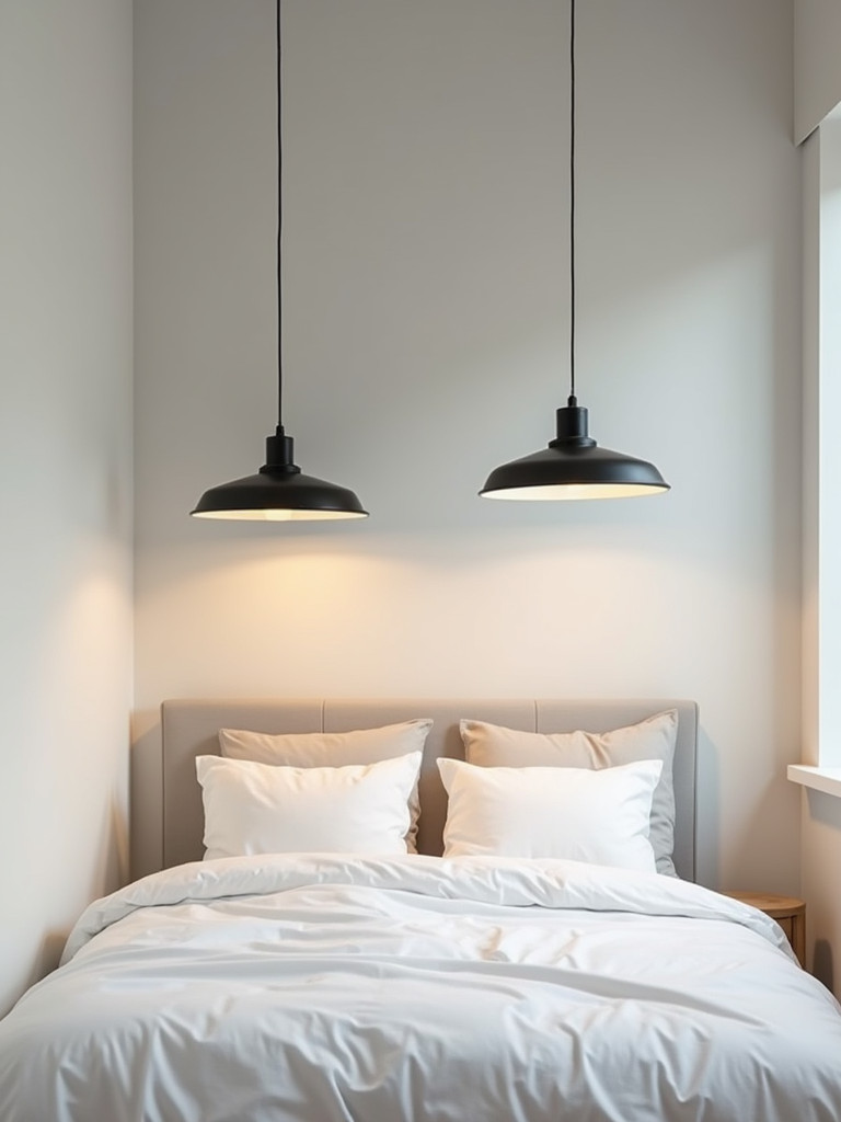 Two minimalist pendant lights hanging above a bed in a well-lit bedroom