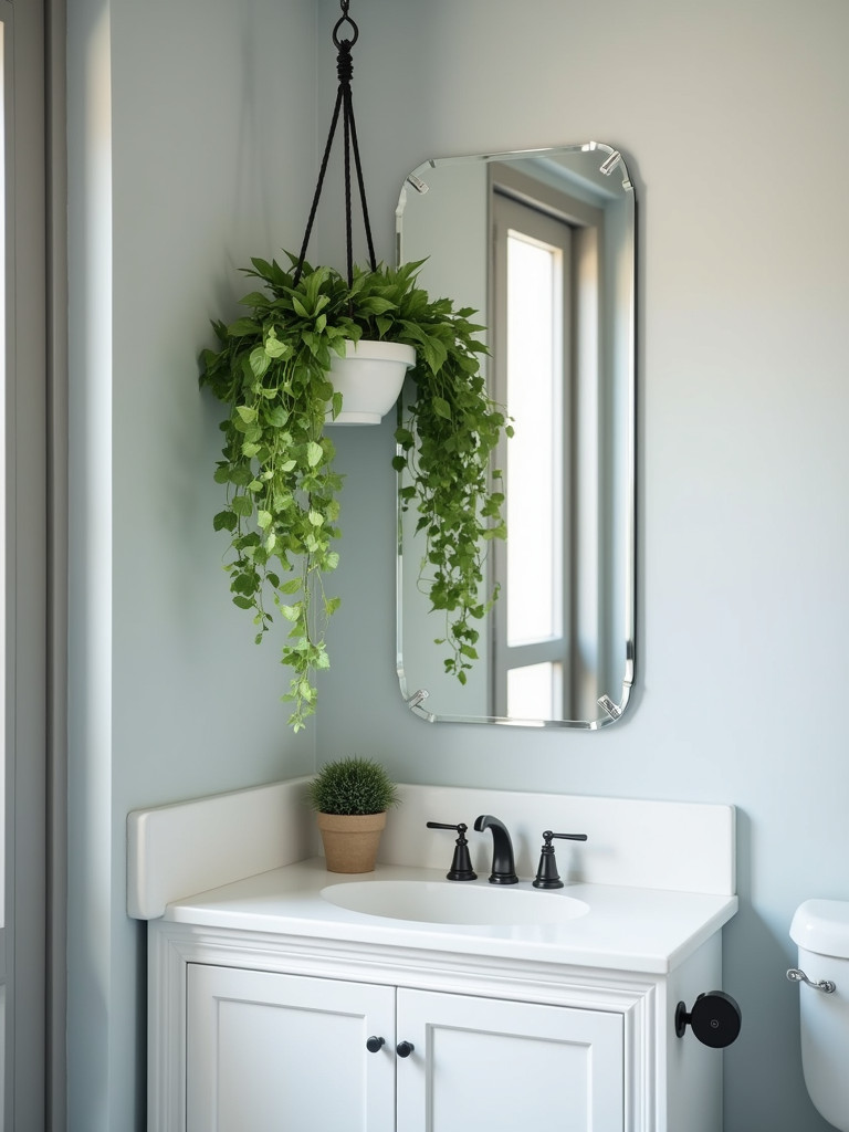 A small bathroom with a hanging planter and trailing greenery