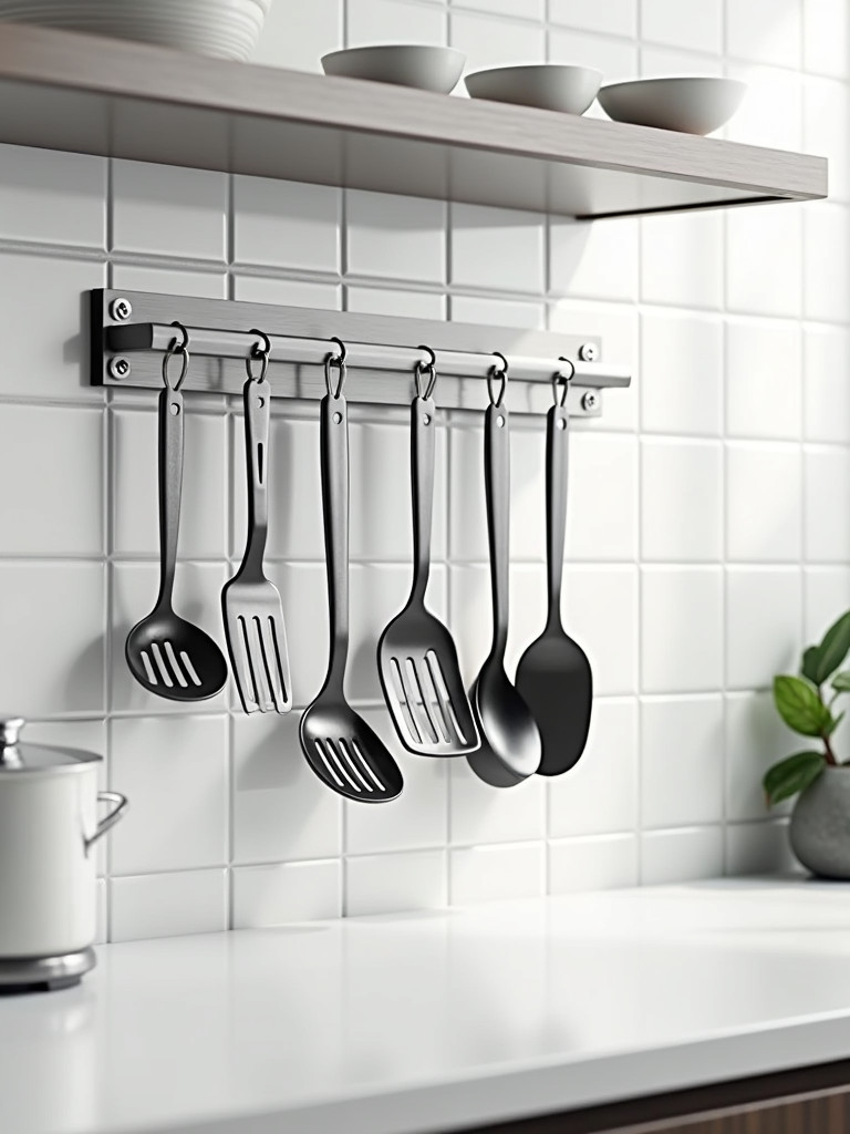 A stainless steel hanging utensil rack with various cooking tools attached to a kitchen wall