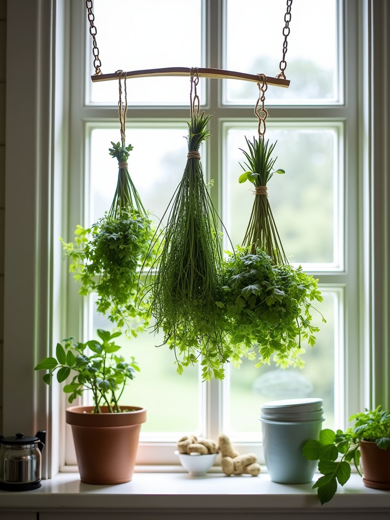 An herb drying rack with herbs hanging in a small cottage kitchen in front of a bright window with soft, natural lighting.