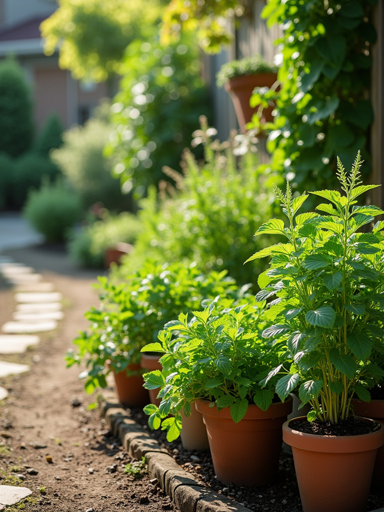 A collection of herb garden planters in a backyard
