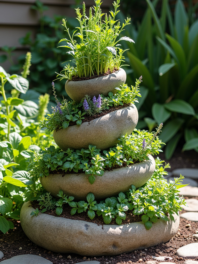 A high-angle shot of a beautiful herb spiral garden, with a diverse array of herbs nestled within its stone structure.