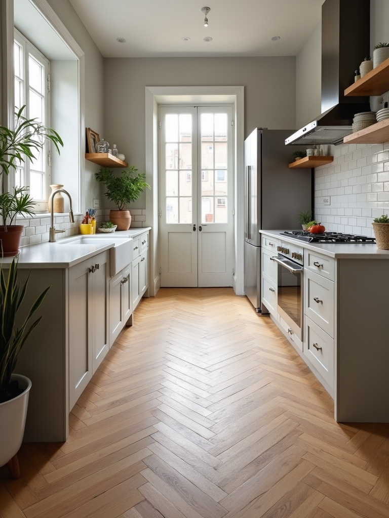 A sophisticated kitchen design enhanced by a herringbone patterned flooring that creates movement.