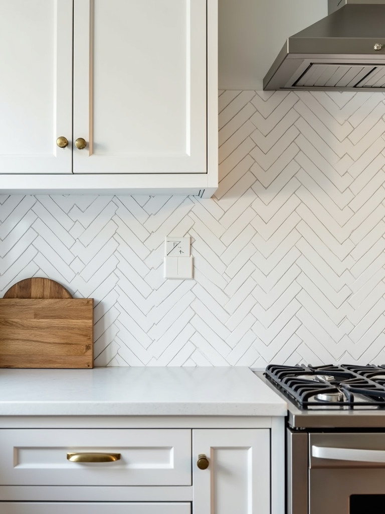 A traditional kitchen featuring a herringbone tile backsplash that showcases a geometric pattern with bright natural lighting
