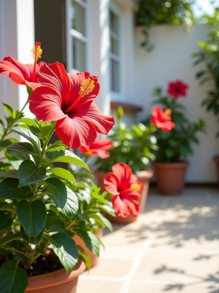 A bright patio with several hibiscus plants under natural sunlight