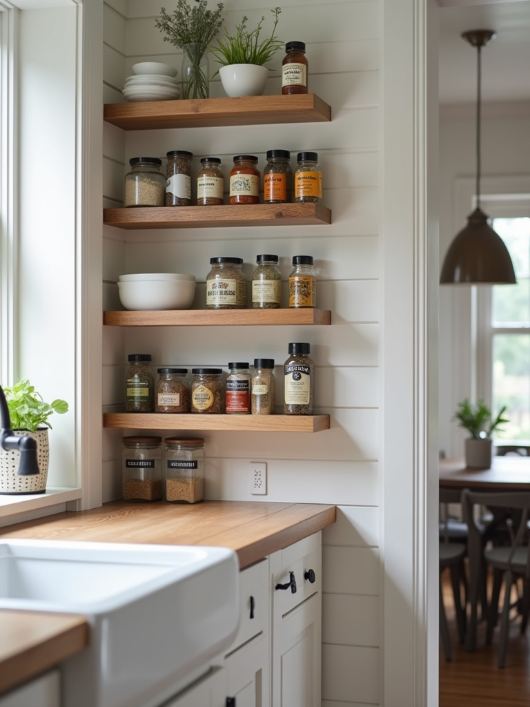 A kitchen fitted with discreet, hidden spice racks that create organized cooking space.