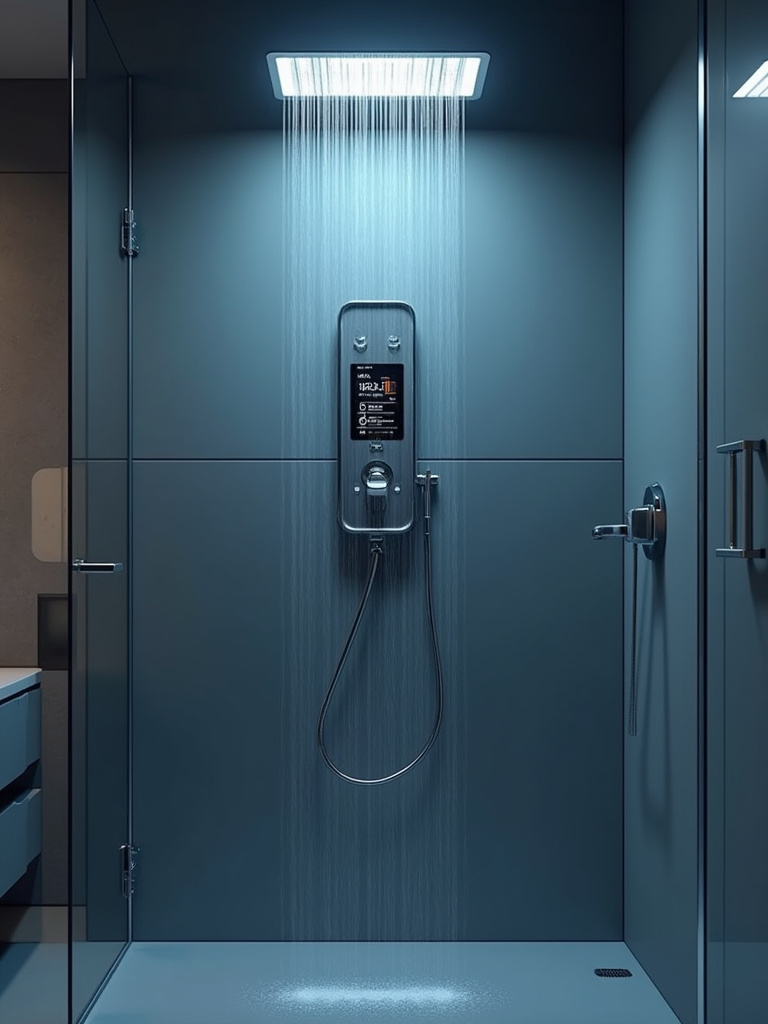 A modern shower equipped with digital controls.
