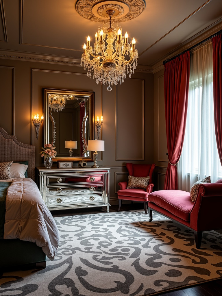 A full Hollywood Regency bedroom featuring a mirrored dresser, velvet chaise lounge, and a bold patterned rug.