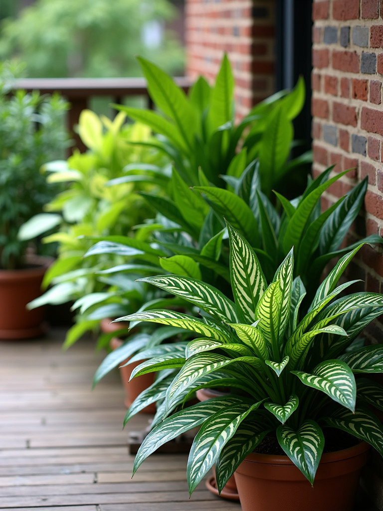 A shaded patio with various hosta plants under soft, diffused light