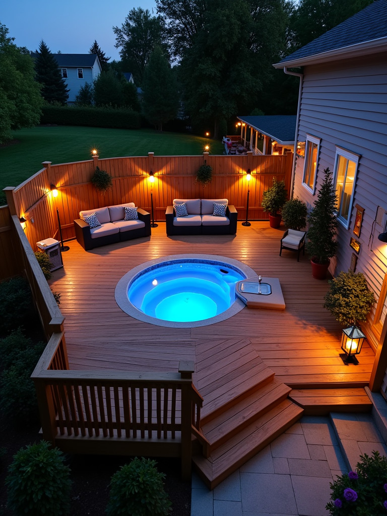 A wooden deck featuring a built-in hot tub or spa, with privacy screens, comfortable seating and soft ambient lighting.