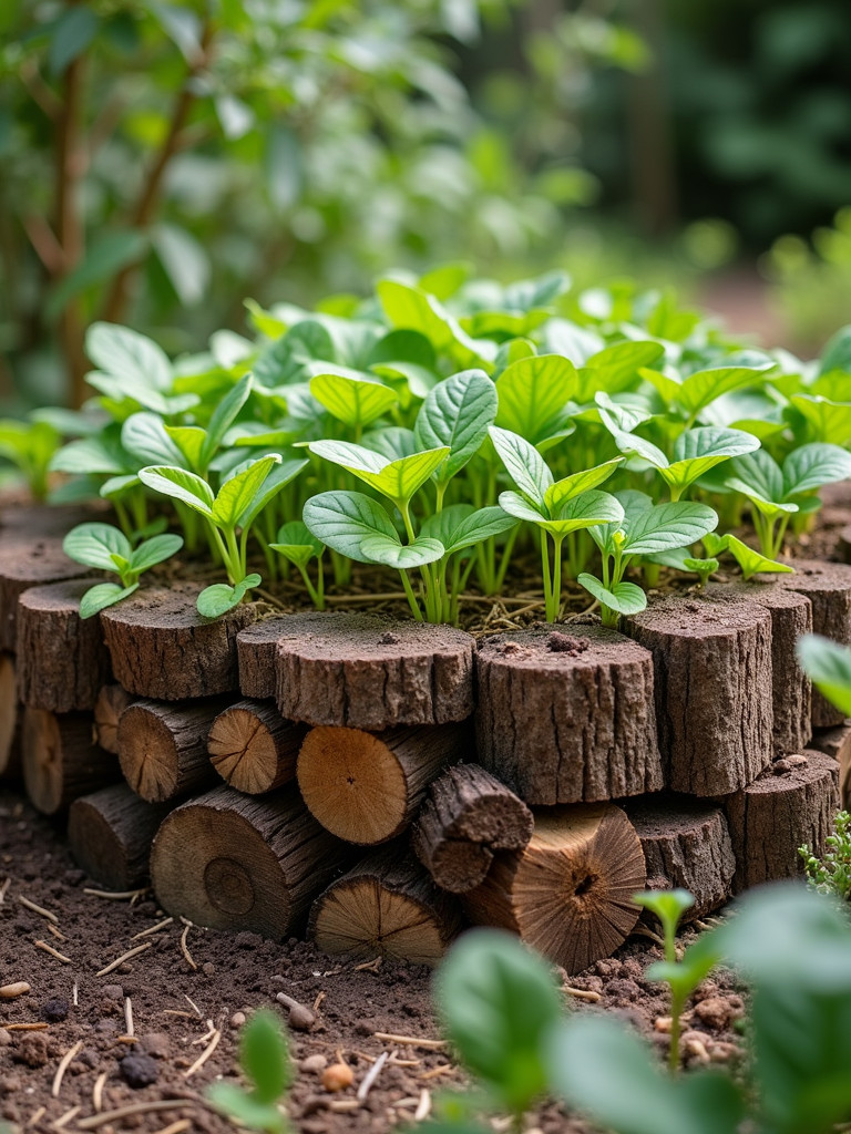 A photo of a layered hugelkultur bed thriving with various plants, showcasing its natural structure and sustainable growing method.