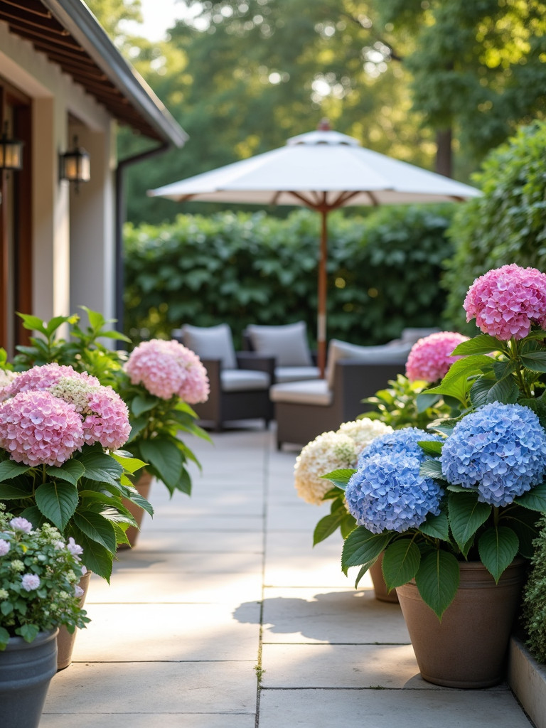 A patio with large potted hydrangeas in various shades under soft, natural light