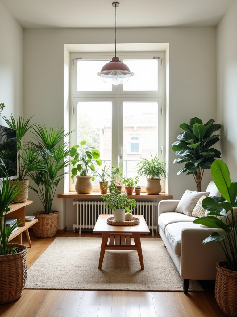 A living room filled with natural elements, including plants and wooden furniture