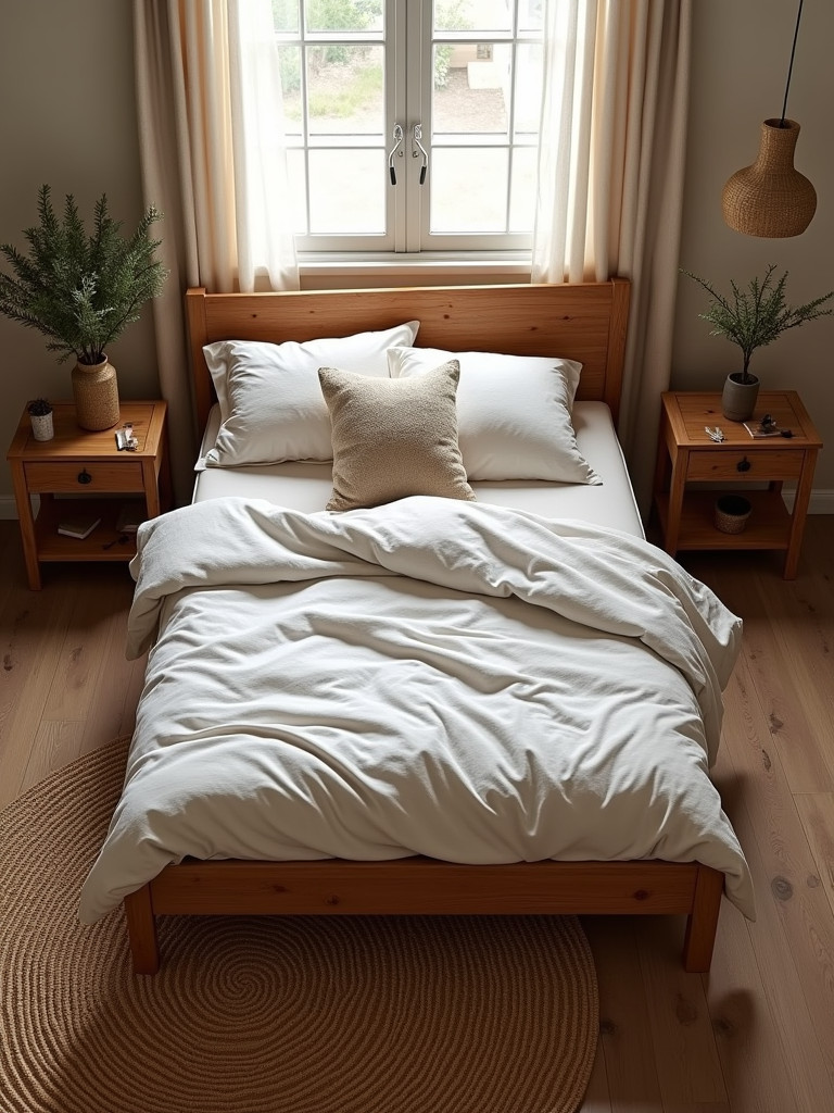 A rustic-chic bedroom with wooden furniture and natural light