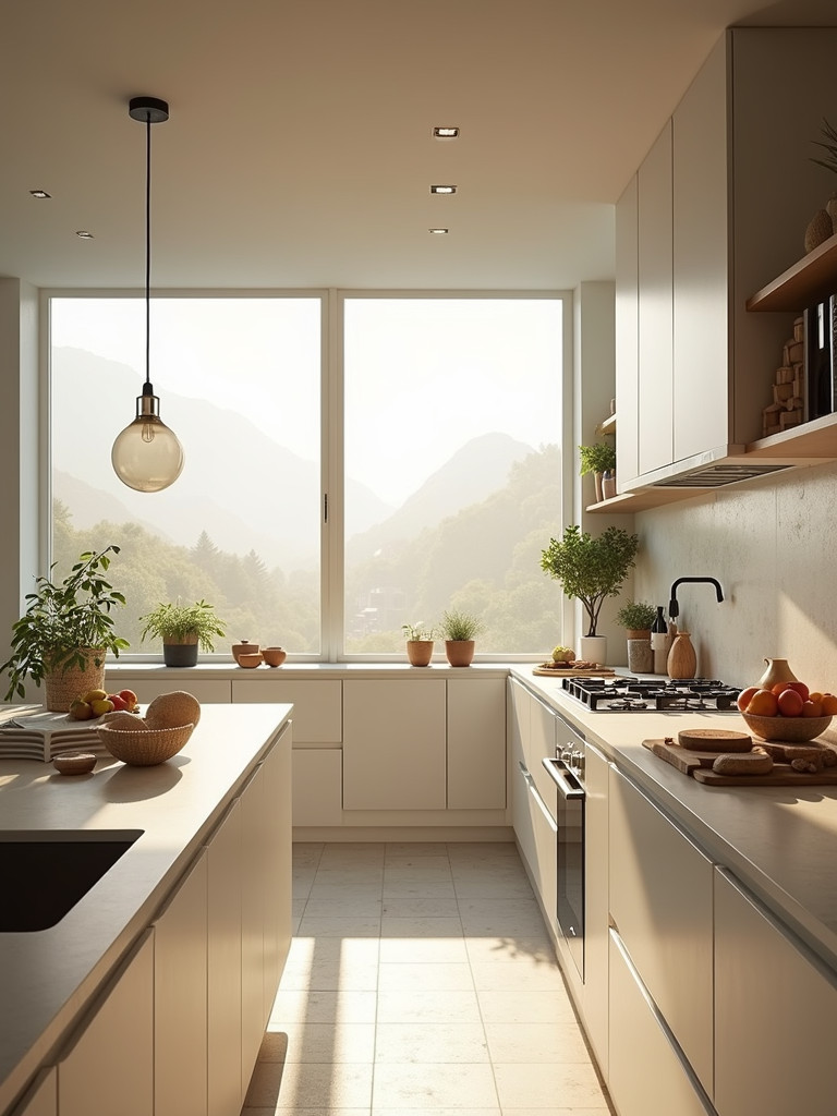A kitchen with an abundance of natural light streaming in through large windows