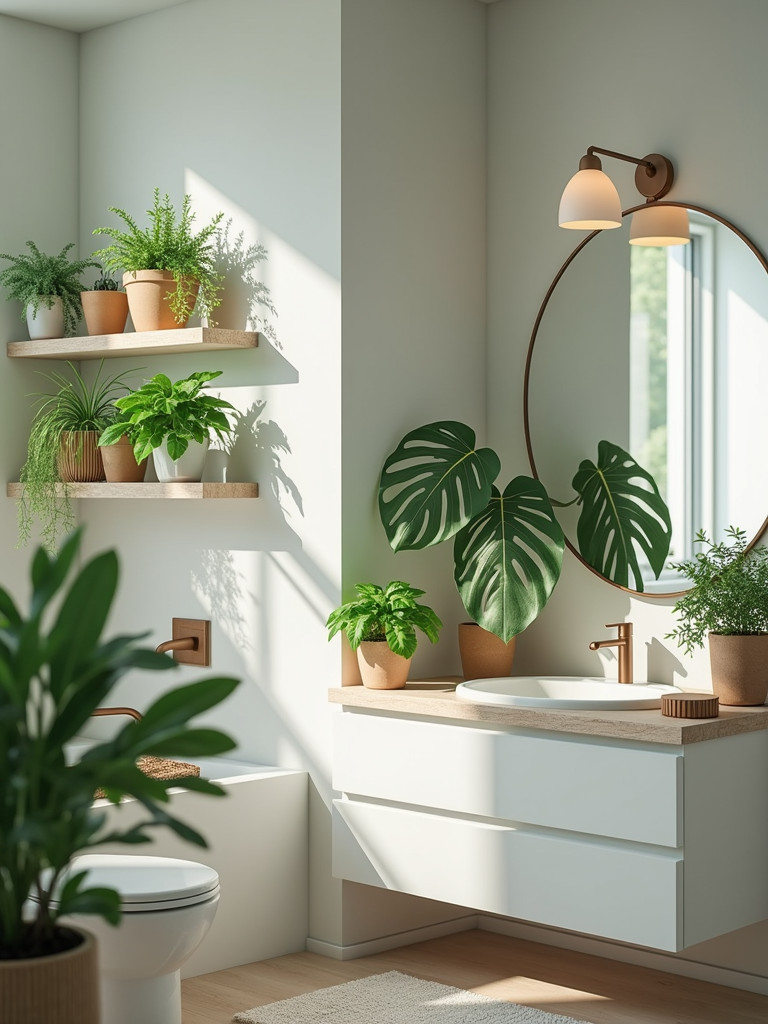 A bathroom decorated with lush green plants on open shelves and the vanity, adding a touch of nature.
