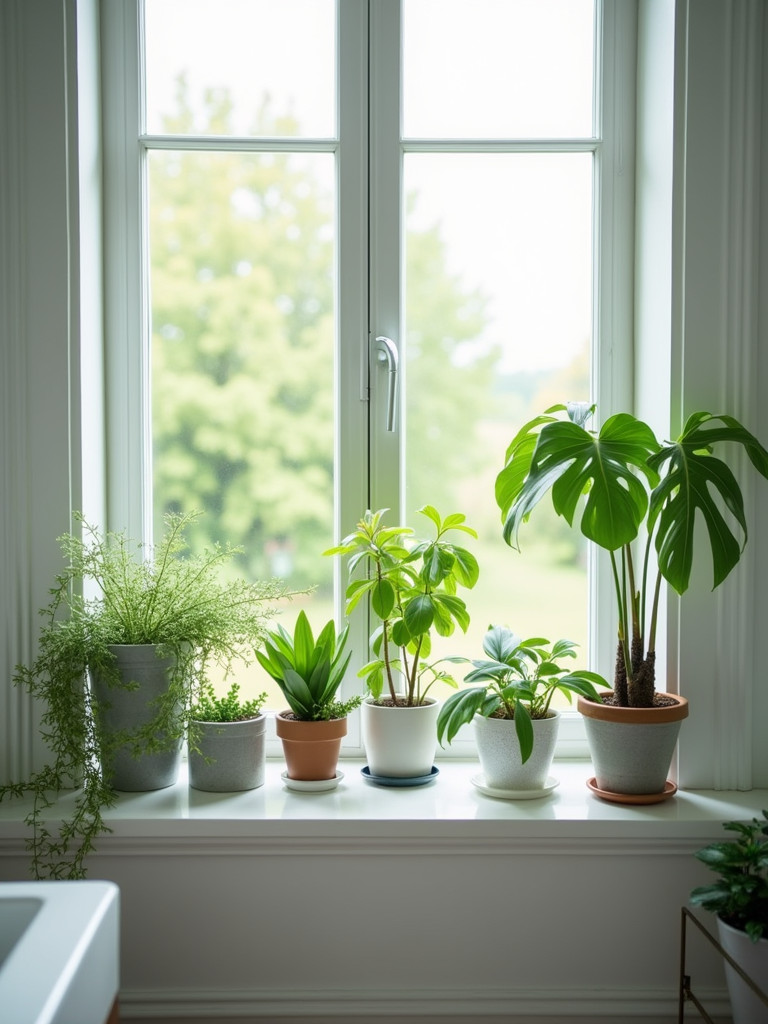 A bathroom with potted plants on the windowsill and vanity