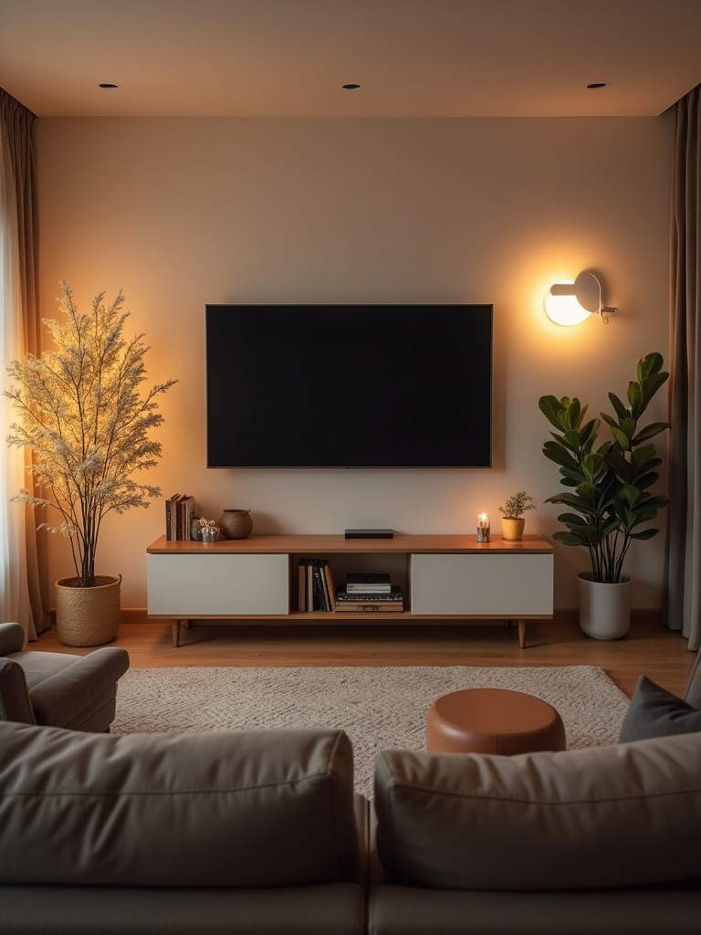 A living room featuring smart home technology, including a smart TV and lighting