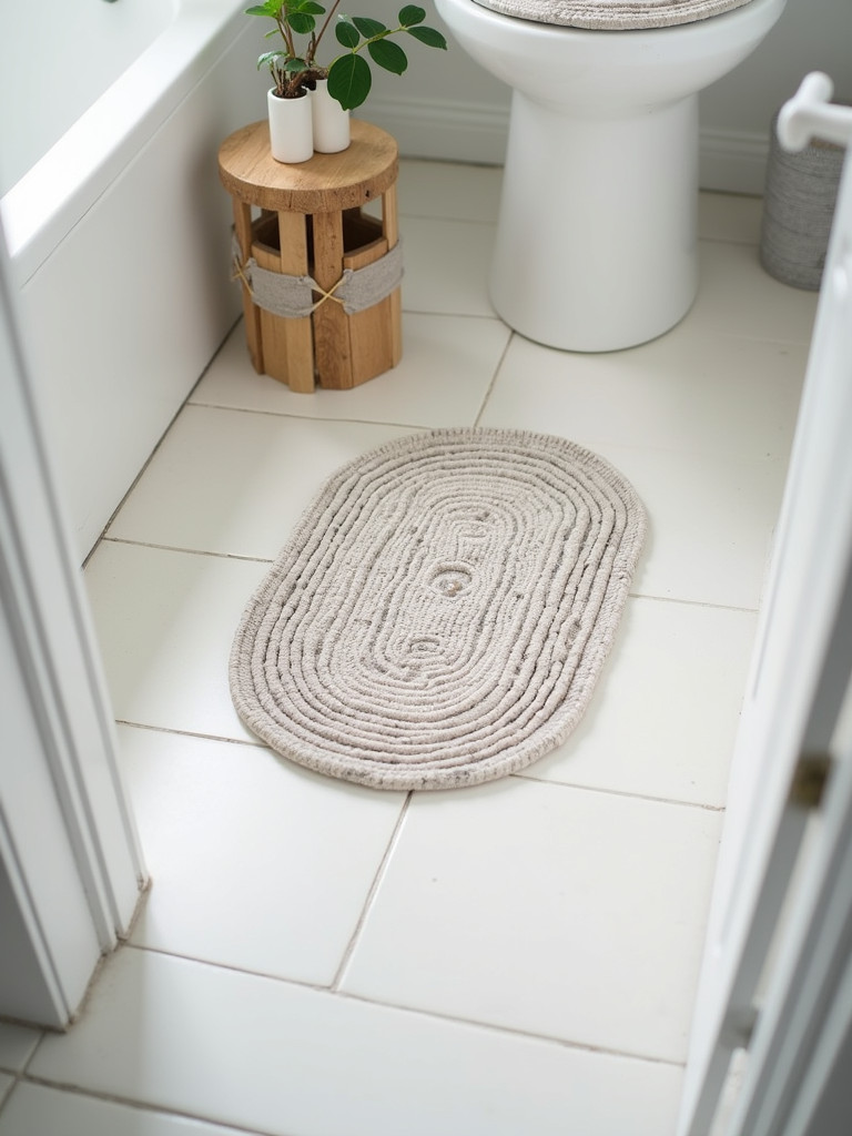 A small, patterned rug placed on a bathroom floor to add warmth and style.
