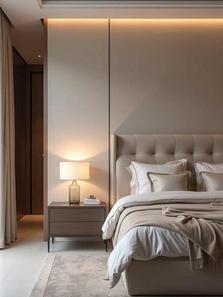 A master bedroom featuring a modern upholstered headboard as a focal point with matching bedding and minimalist furniture