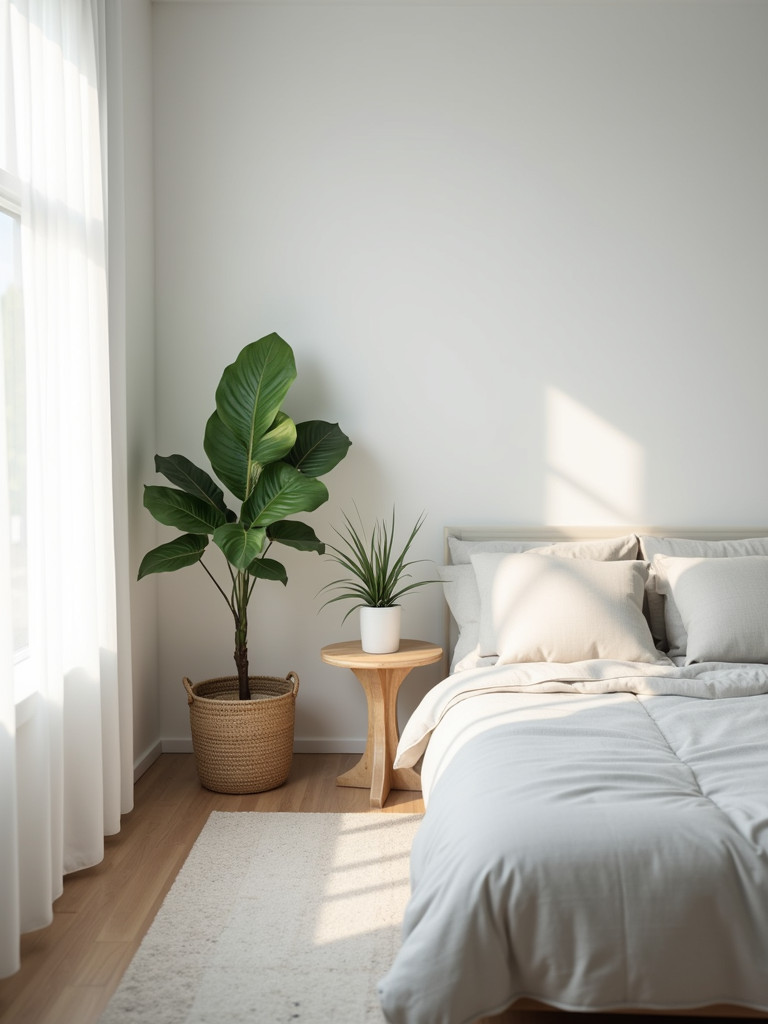 A minimalist bedroom featuring a potted indoor plant on a side table, bathed in natural light