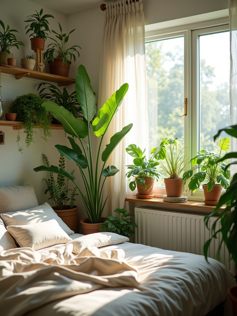 A bedroom filled with indoor plants to create a calm and refreshing environment during morning light.