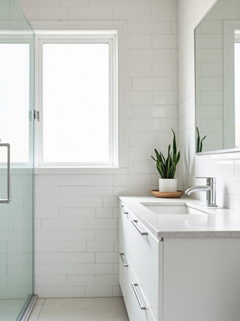 A minimalist bathroom with a potted plant on the counter