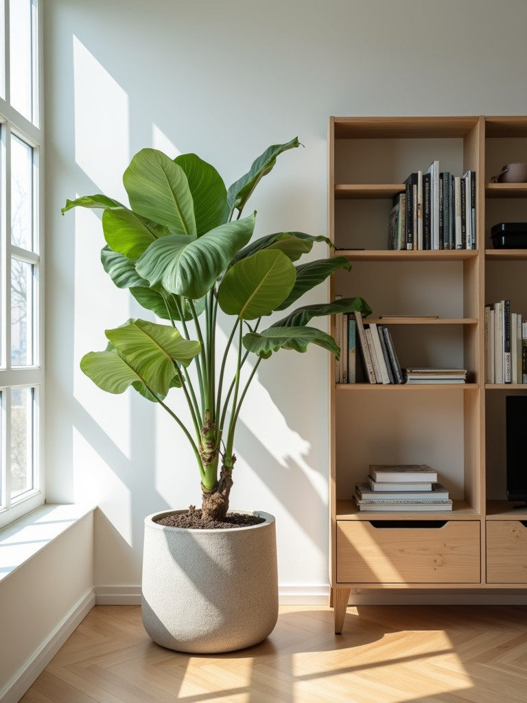 A healthy indoor potted plant placed near a window in a minimalist living room