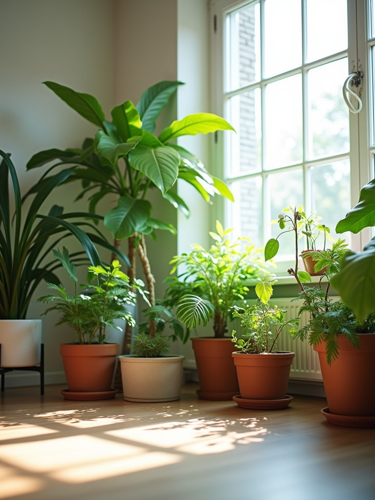 A cozy bedroom featuring a variety of indoor potted plants to bring nature indoors.