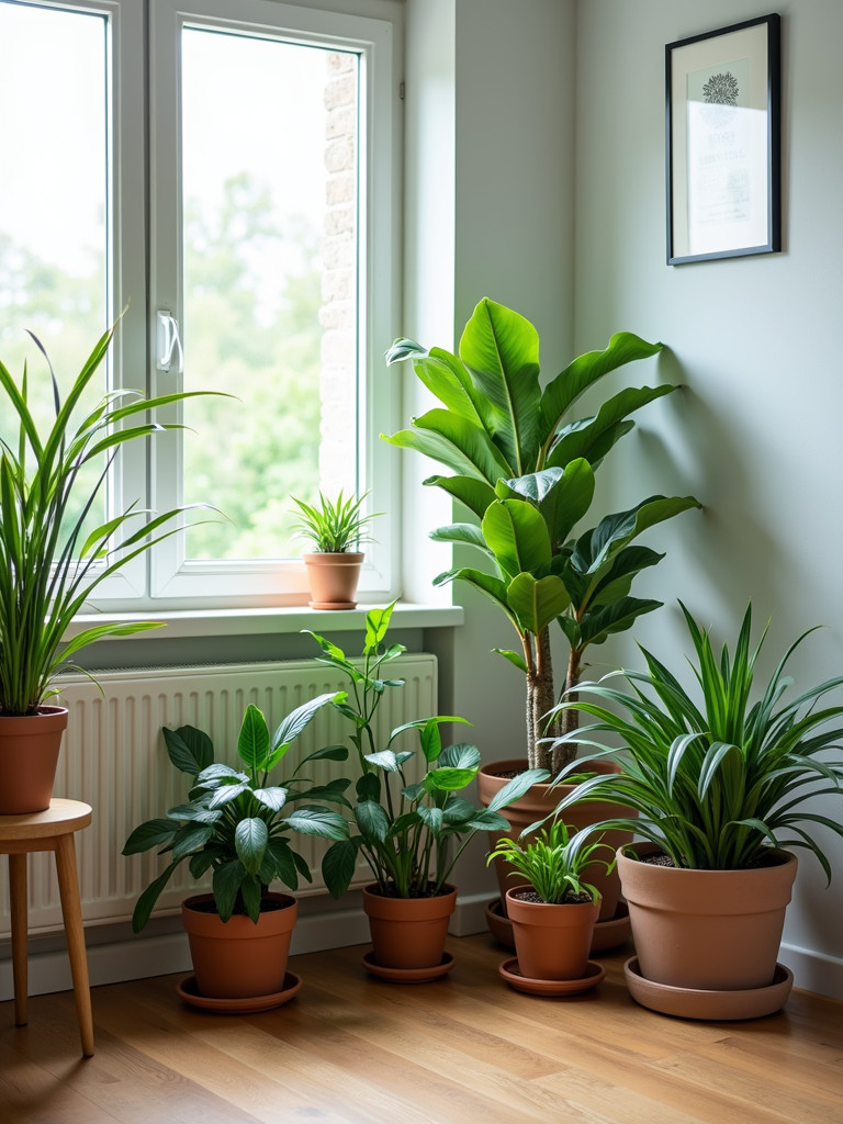 A bedroom corner with several potted indoor plants of various sizes and textures