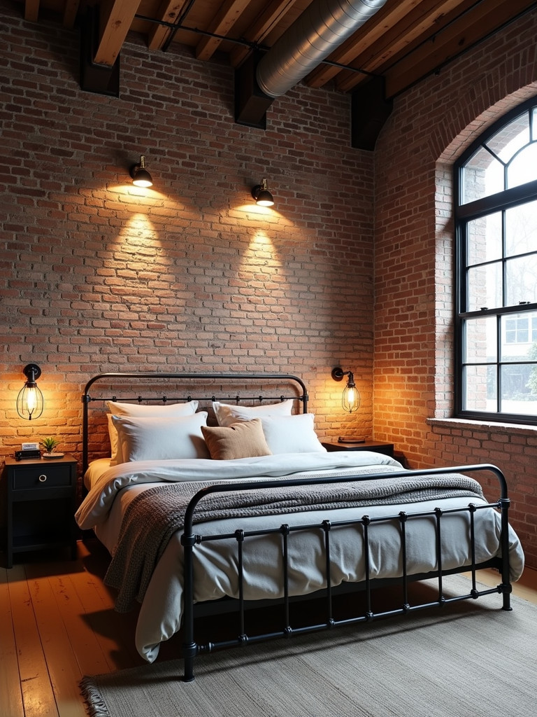 A full industrial-style bedroom with exposed brick, metal accents, and vintage lighting