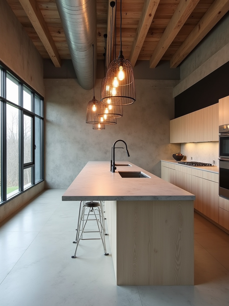 Modern industrial-style kitchen with exposed bulbs hanging over a central kitchen island.