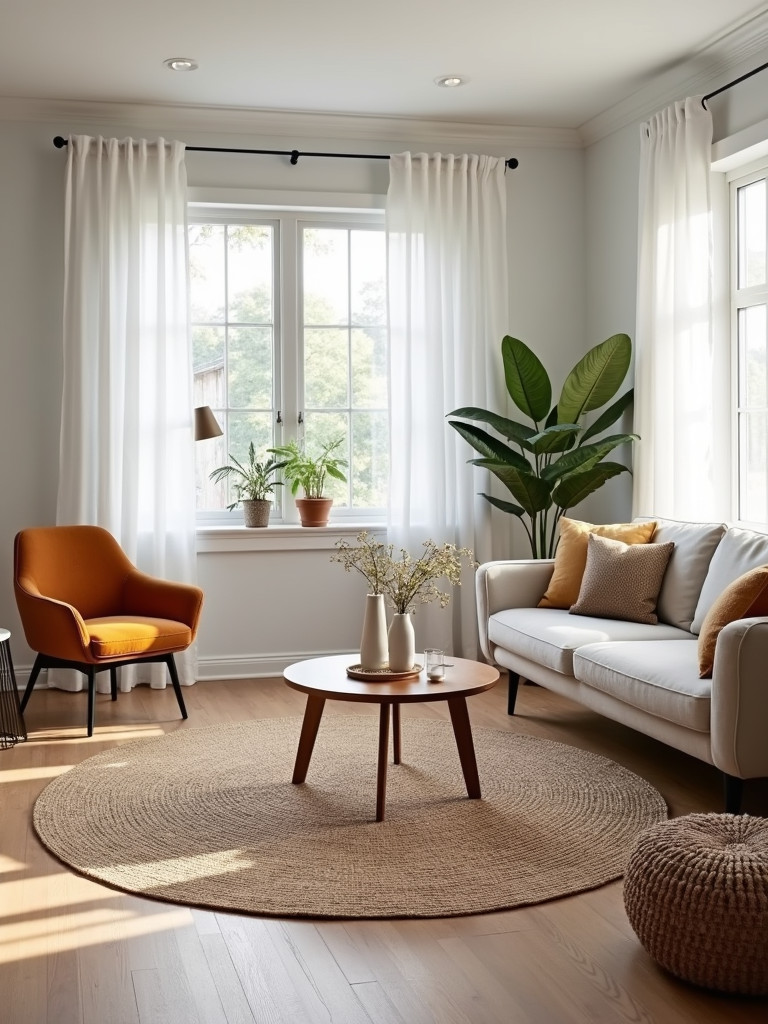 Living room with an inexpensive neutral area rug.