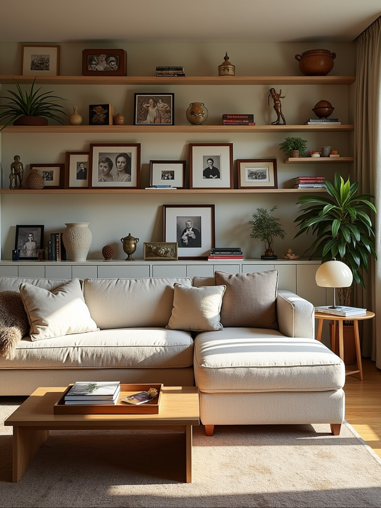 A living room with personal items on display, including family photos and souvenirs