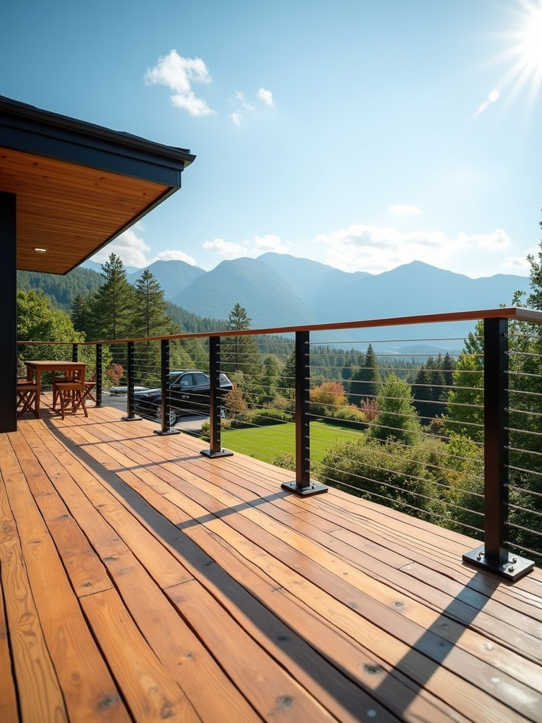A wooden deck with modern cable railing, with a backdrop of a garden and mountains on a bright sunny day.