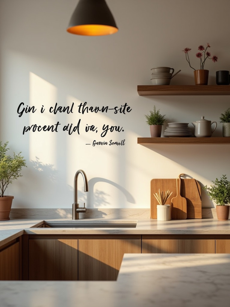 Cozy kitchen with motivational quote decals on the wall.