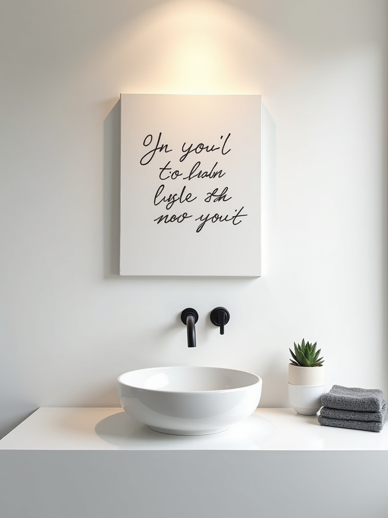 An inspirational quote on canvas hanging over a sink in a minimalist bathroom.
