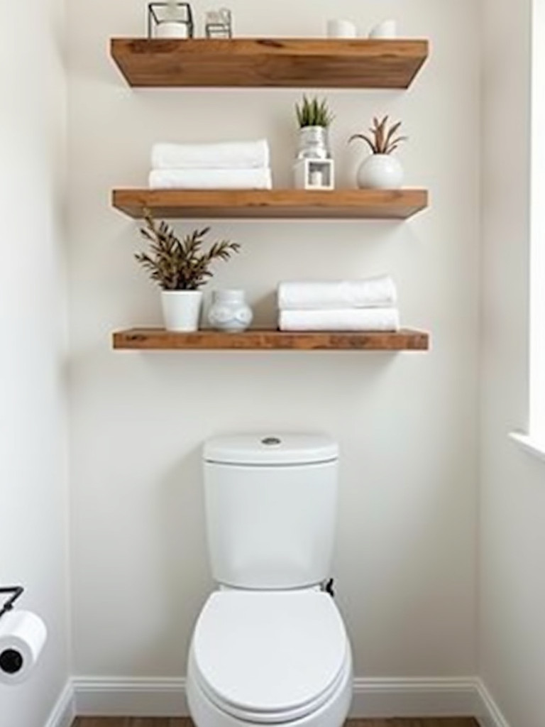 Bathroom with floating wood shelves on the wall