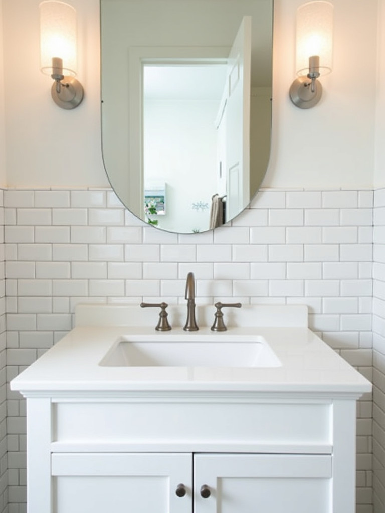 Bathroom vanity with a white subway tile backsplash