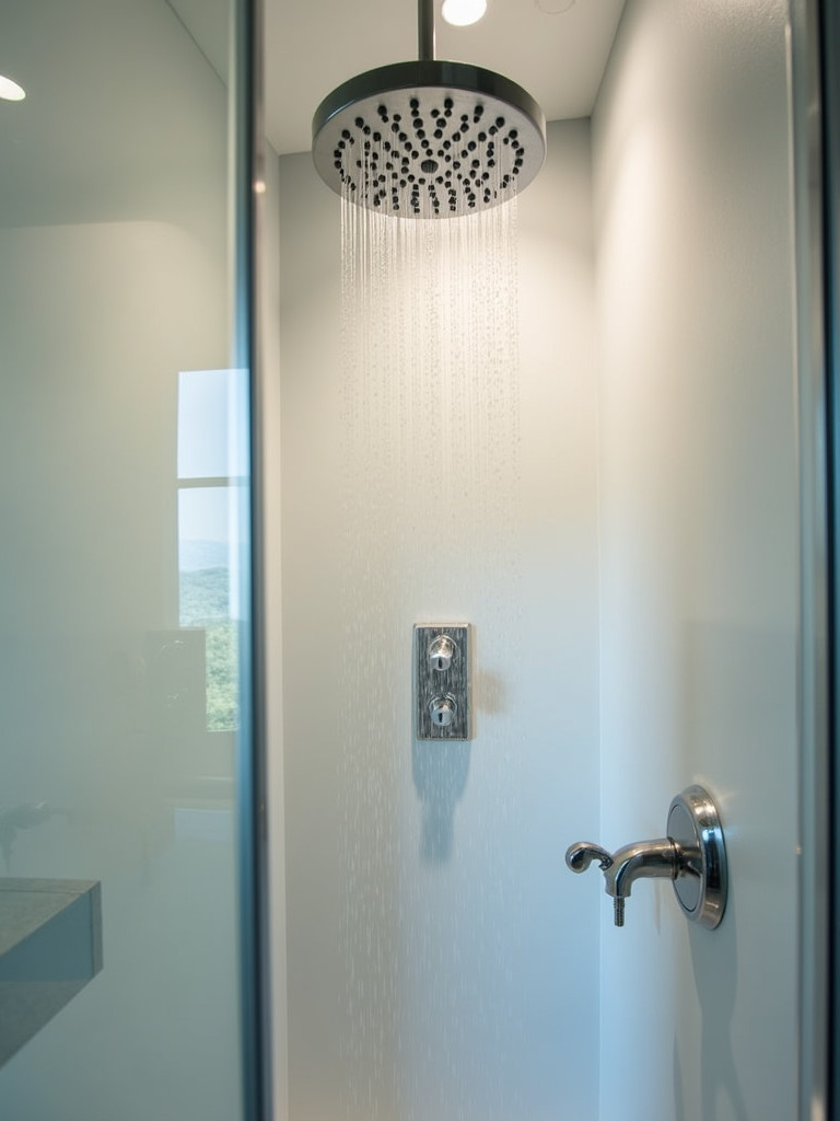 A modern shower stall with a new rainfall showerhead.